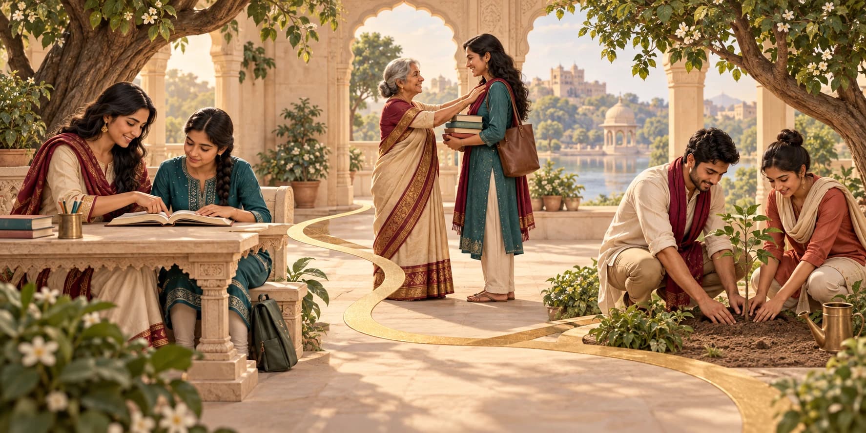 Illustration of learning, intergenerational connection, and planting linked by a golden path