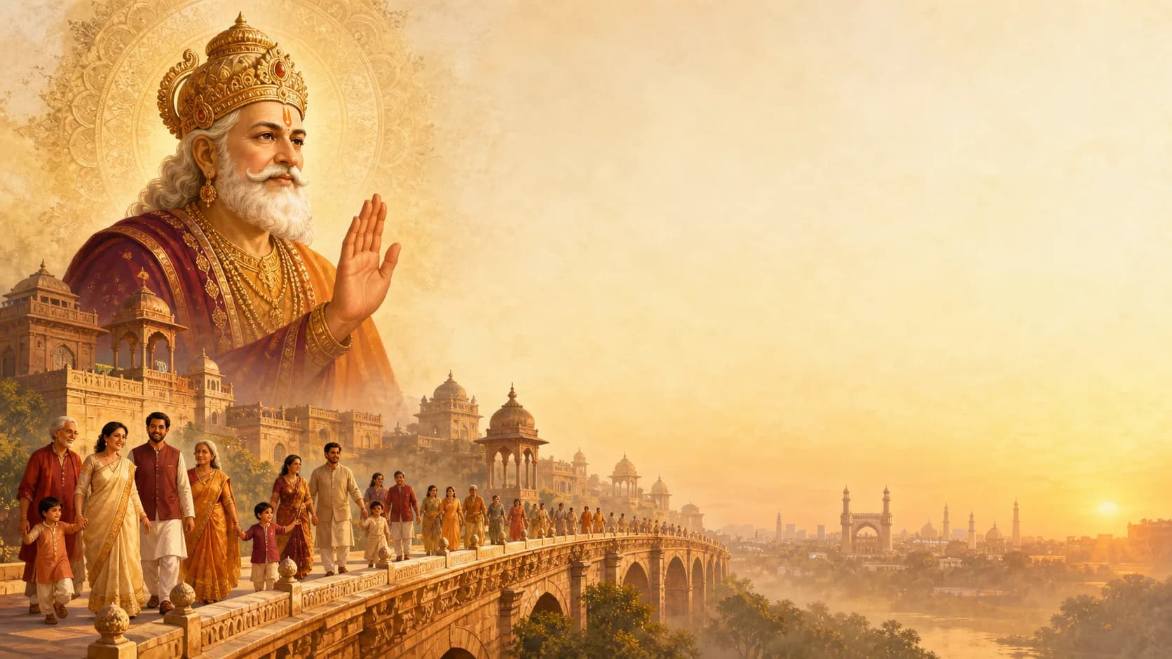 Artistic depiction of Maharaja Agrasen watching over families crossing a bridge toward Hyderabad