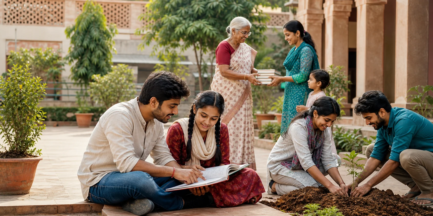 Indian community members sharing books, mentoring a student and planting a sapling together in a courtyard